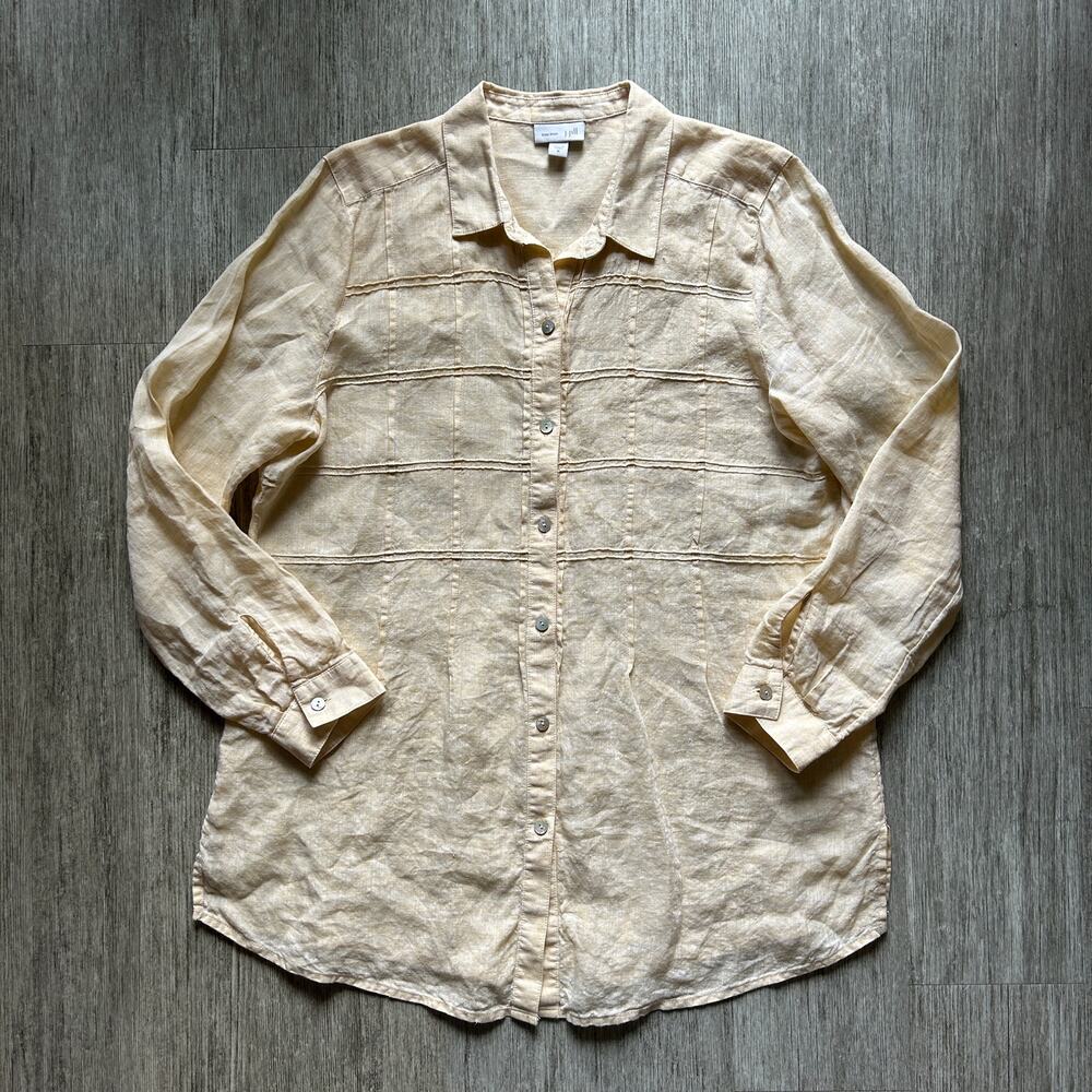 J. Jill Butter Yellow 100% Linen Checker Stitch Button Down Shirt Size Medium